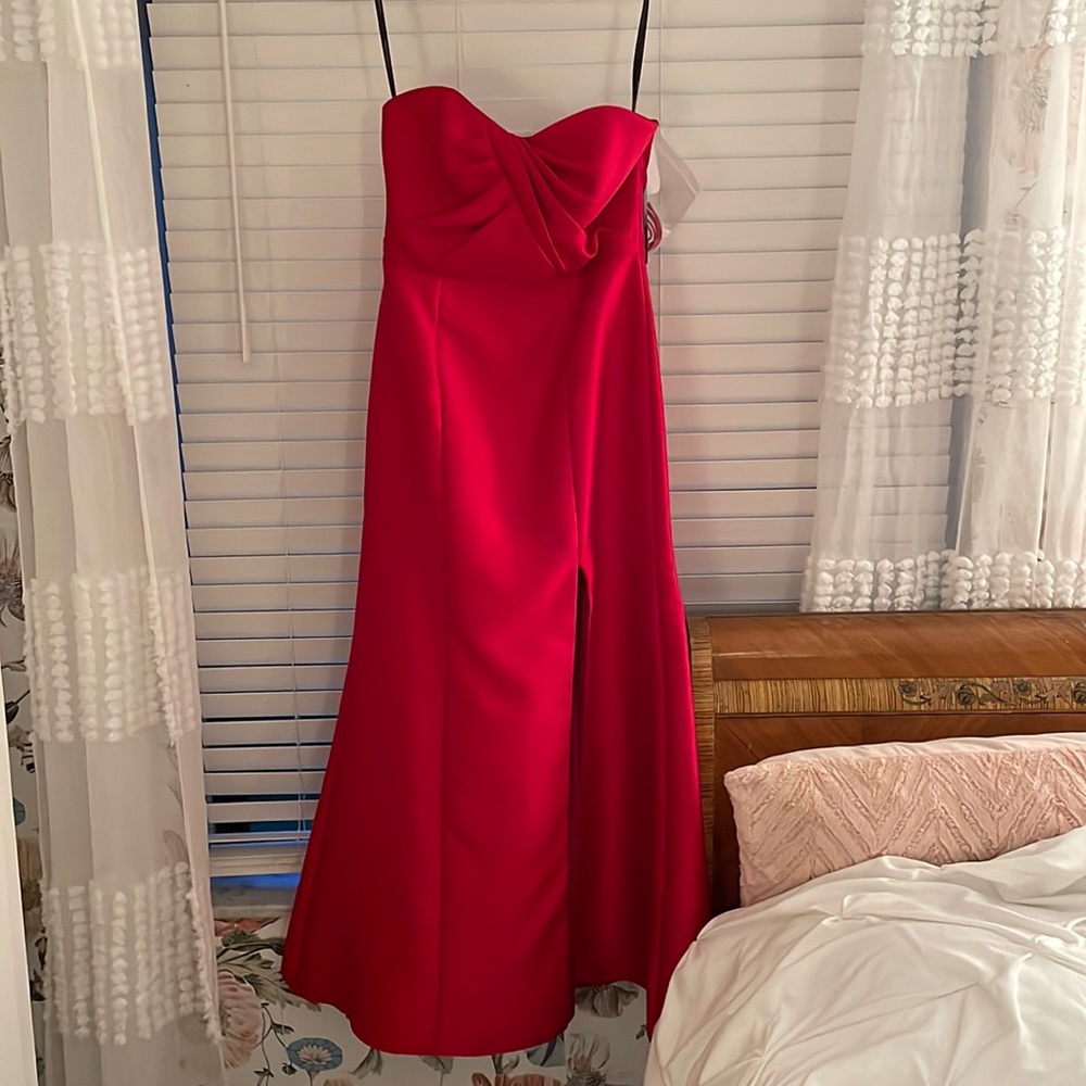 Red strapless prom dress